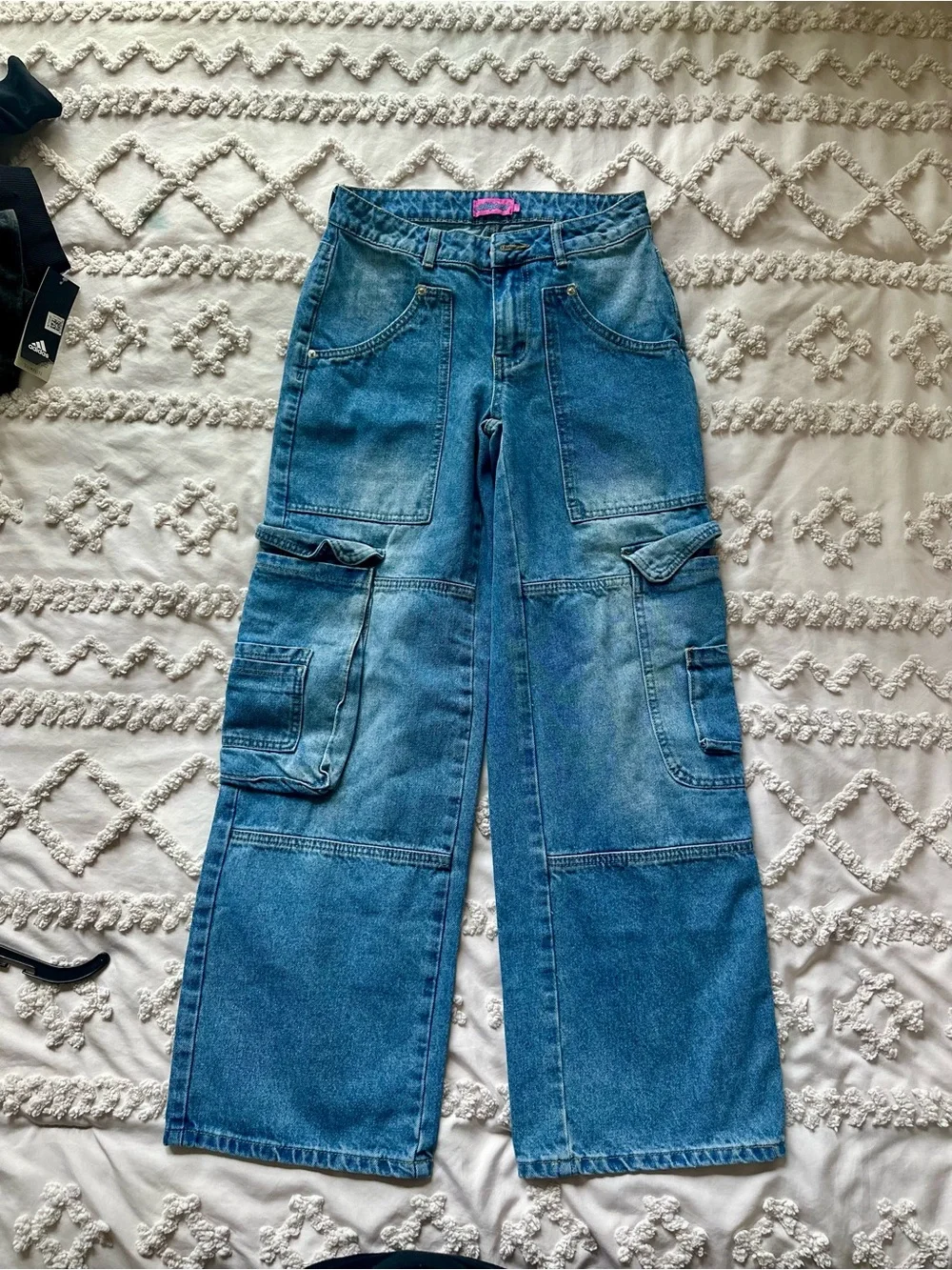 Edikted Westie Blue/Navy Washed Low Rise Baggy Cargo Jeans Size XS